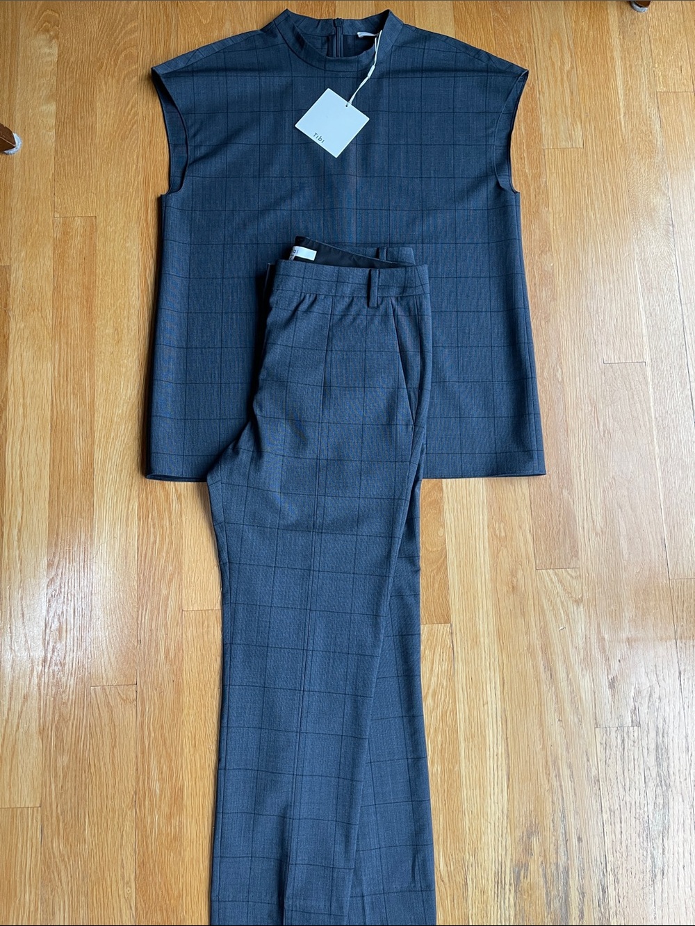 Tibi Charcoal Windowpane Sleeveless Top & Trousers Set